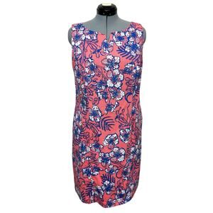 Talbots Coral & Blue Textured Sleeveless Sheath Dress 14 Seam Pockets Tropical